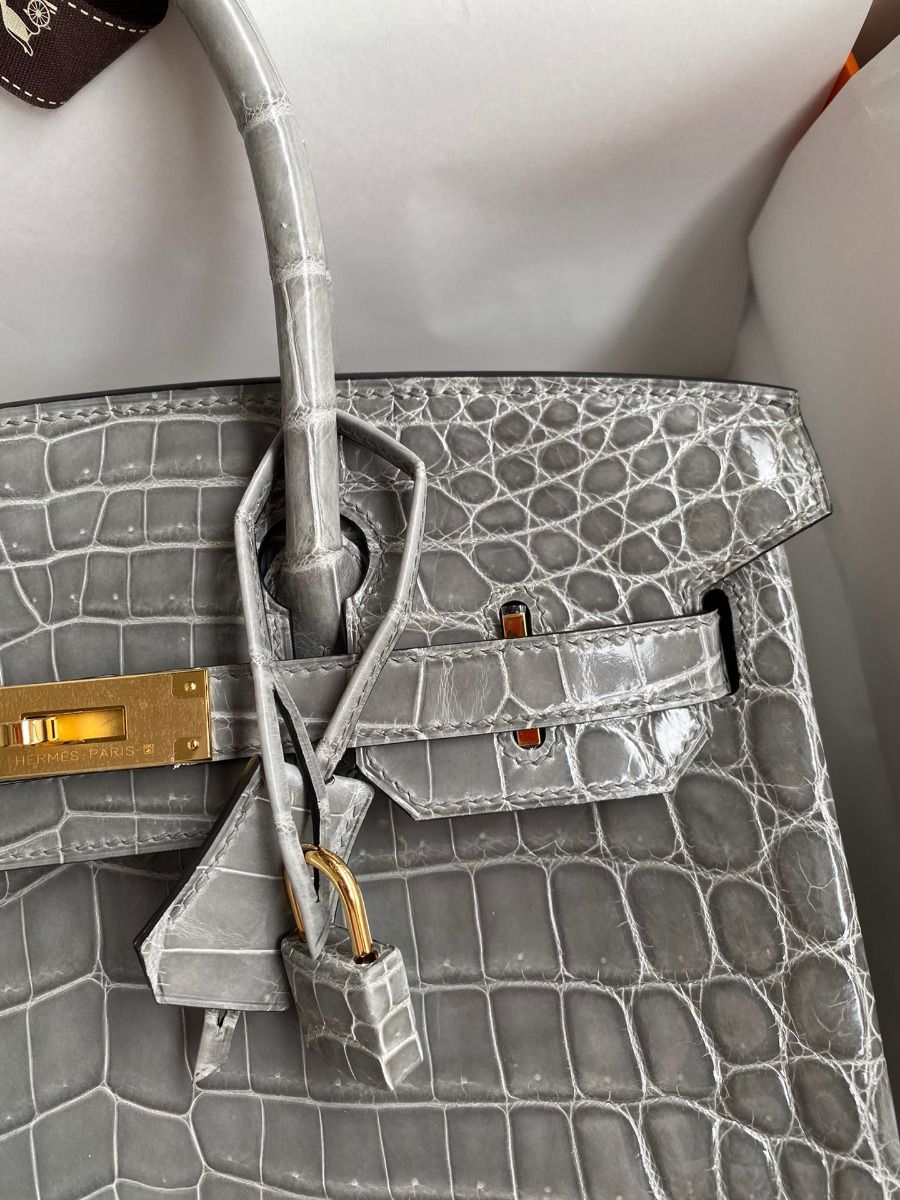 Hermes Birkin 30 Handmade Bag In Gris Ciment Crocodile Niloticus Shiny Skin - Image 4
