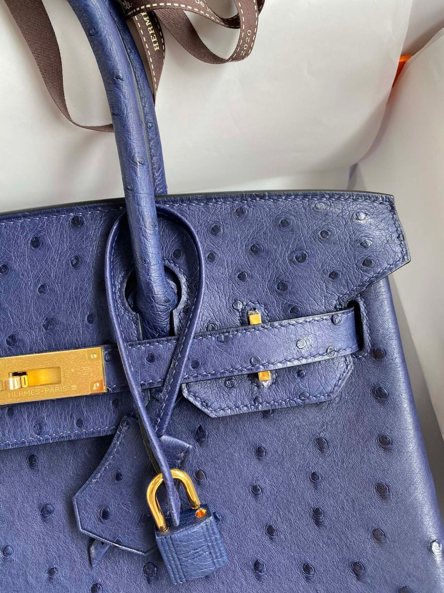 Hermes Birkin 30 Retourne Handmade Bag In Blue Iris Ostrich Leather - Image 4
