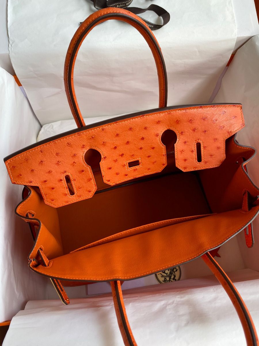 Hermes Birkin 30 Retourne Handmade Bag In Orange Ostrich Leather - Image 7