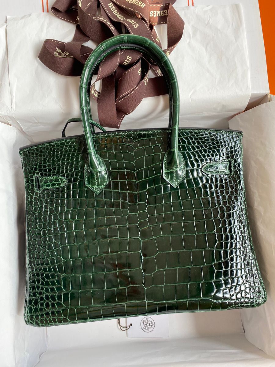 Hermes Birkin 30 Handmade Bag In Green Crocodile Porosus Shiny Skin - Image 3
