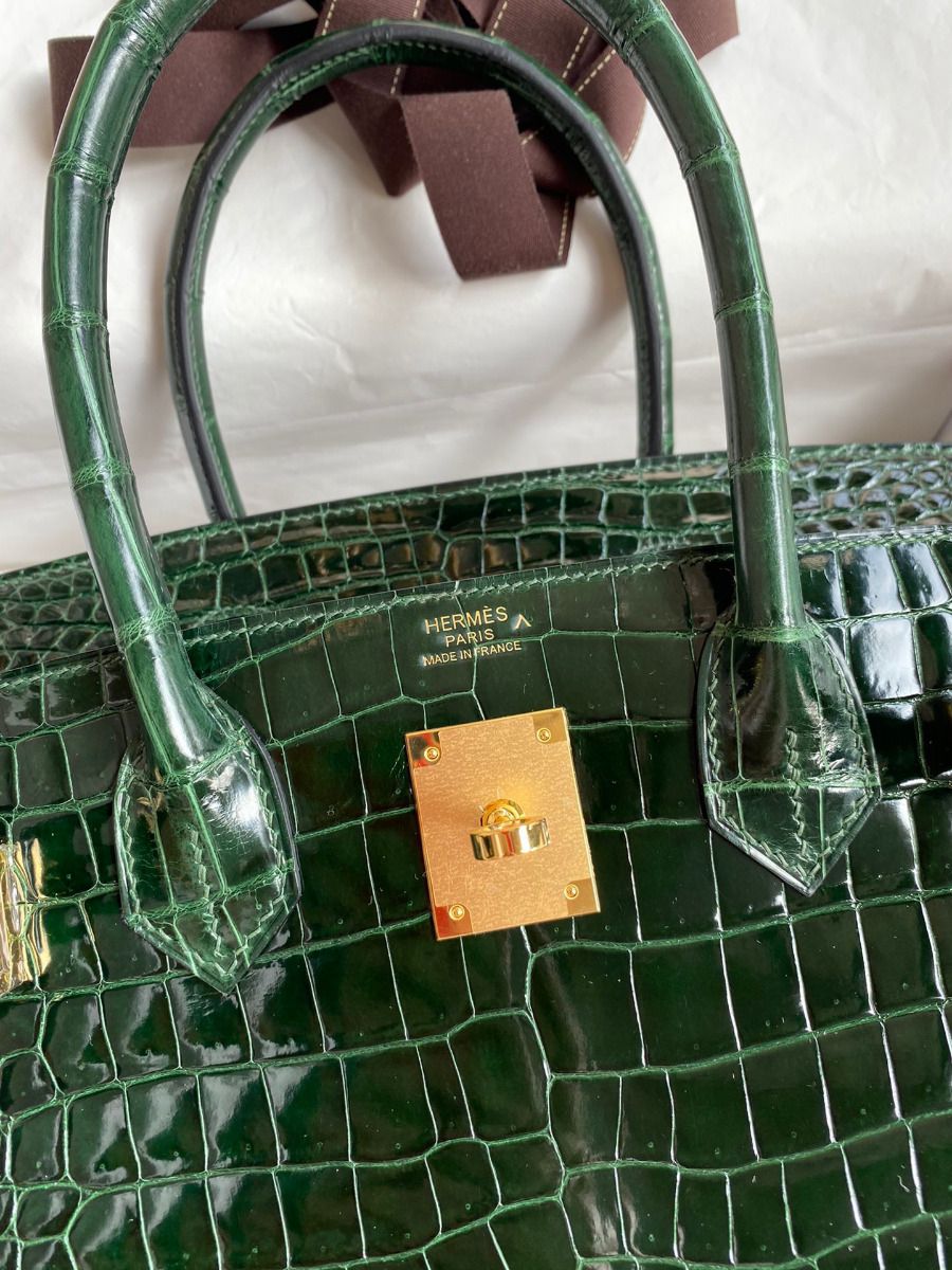 Hermes Birkin 30 Handmade Bag In Green Crocodile Porosus Shiny Skin - Image 7