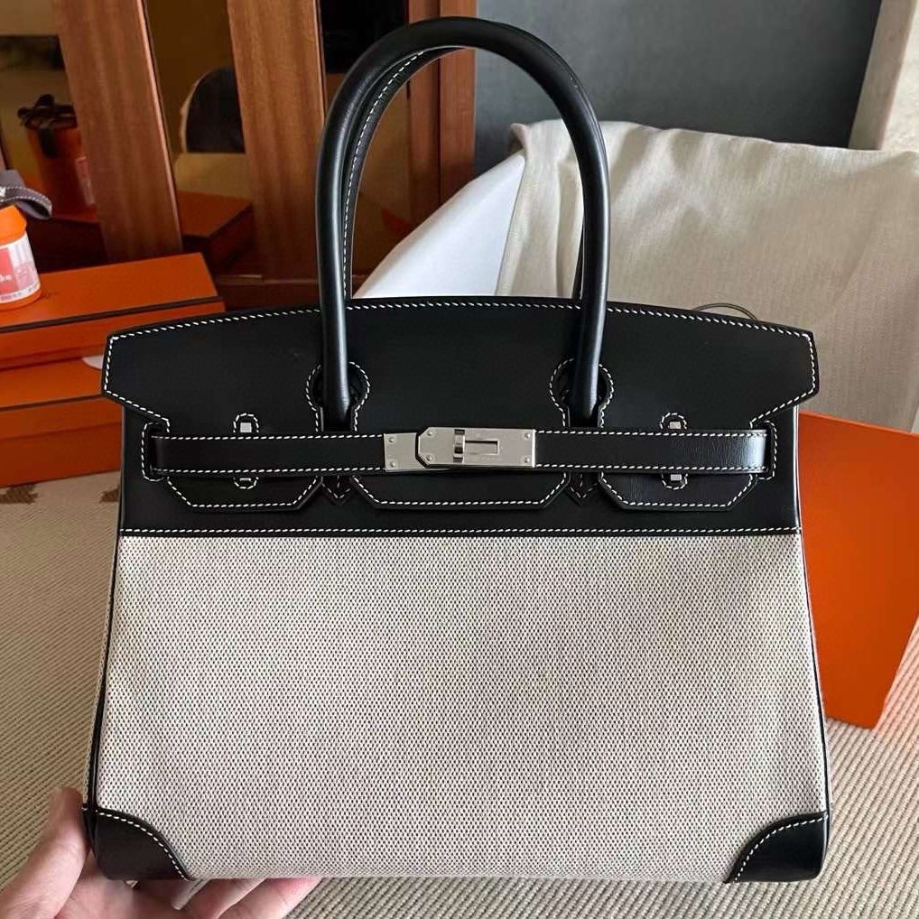 Hermes Birkin 30 Handmade Bag in Toile & Black Box Calfskin