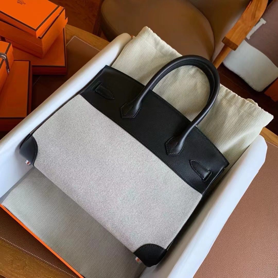 Hermes Birkin 30 Handmade Bag In Toile & Black Swift Leather - Image 3