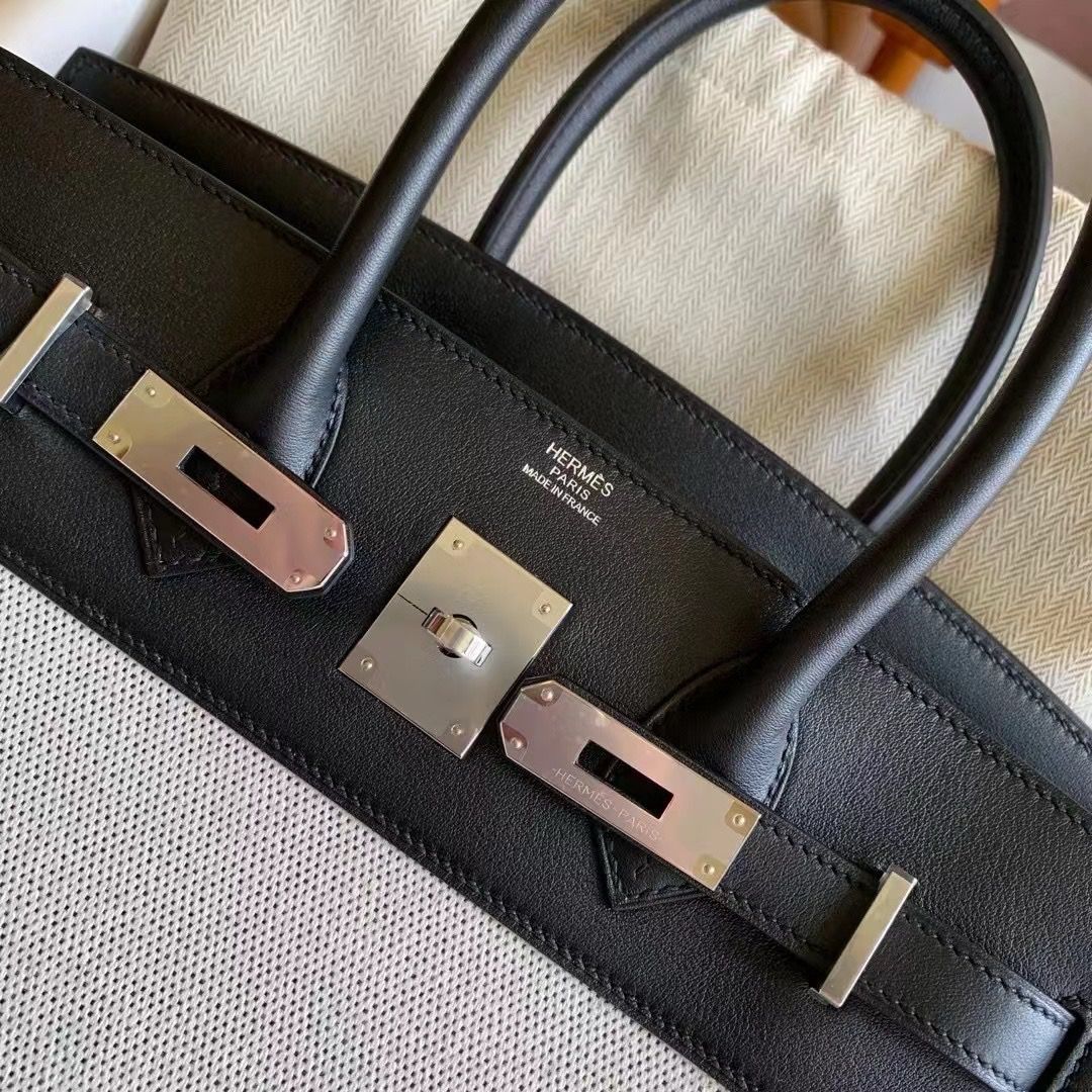 Hermes Birkin 30 Handmade Bag In Toile & Black Swift Leather - Image 8