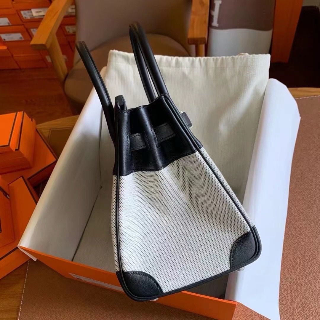 Hermes Birkin 30 Handmade Bag In Toile & Black Swift Leather - Image 9