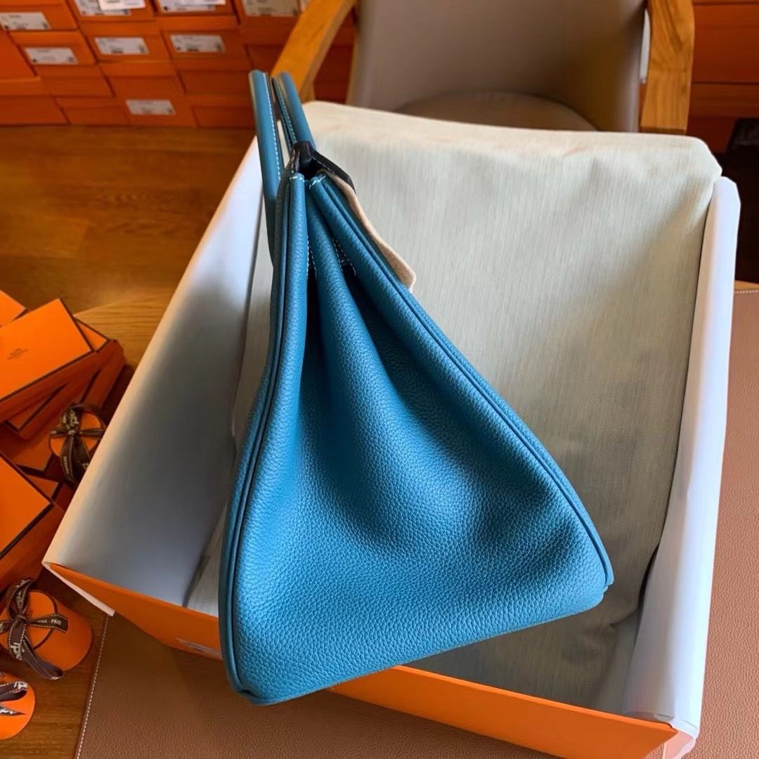 Hermes Birkin 35 Retourne Handmade Bag in Blue Jean Clemence Leather - Image 7
