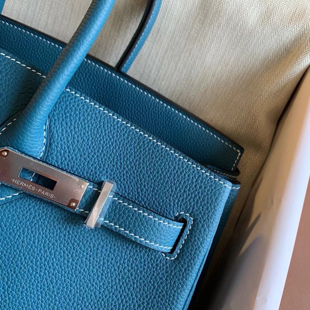 Hermes Birkin 35 Retourne Handmade Bag in Blue Jean Clemence Leather - Image 9