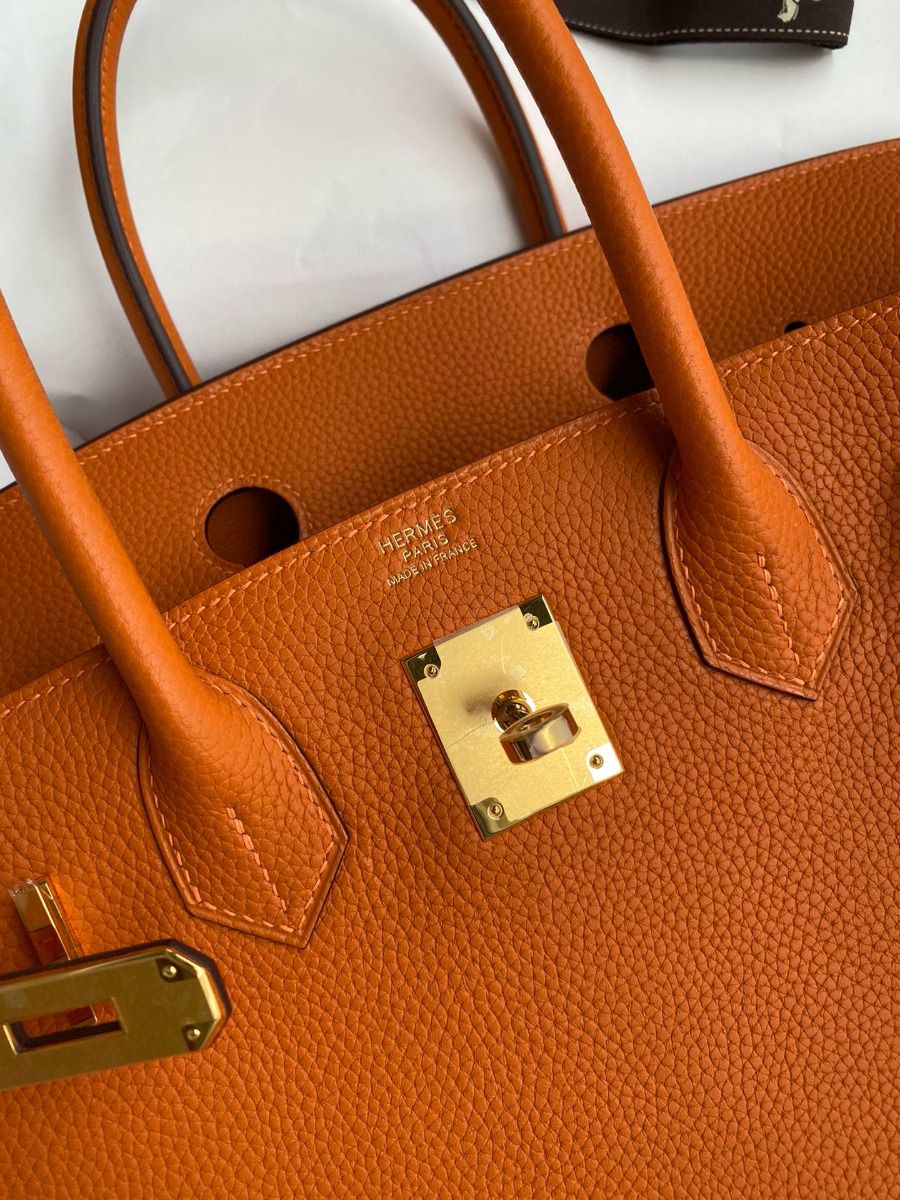 Hermes Birkin 35 Retourne Handmade Bag in Orange Clemence Leather - Image 7