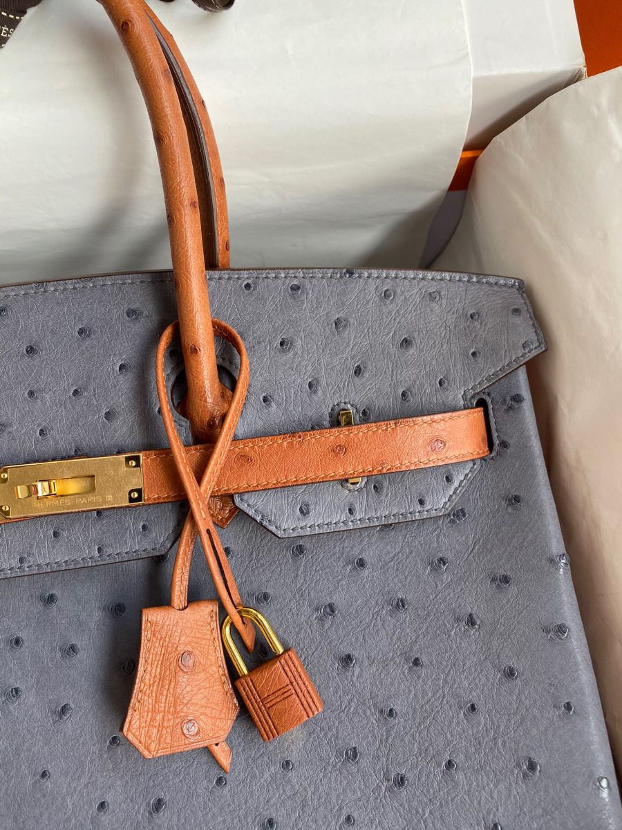 Hermes HSS Birkin 35 Bicolor Bag in Gris Agate and Gold Ostrich Leather - Image 4