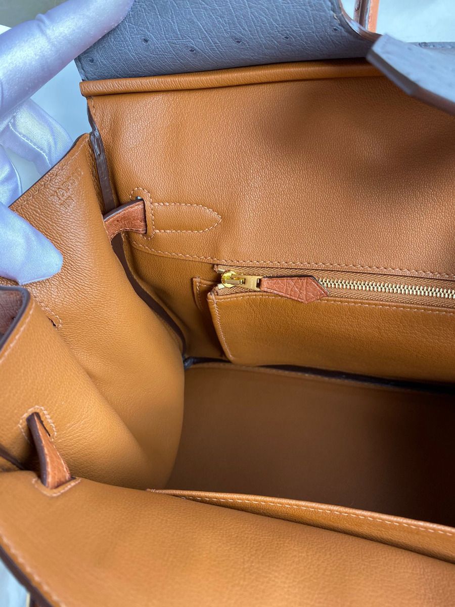 Hermes HSS Birkin 35 Bicolor Bag in Gris Agate and Gold Ostrich Leather - Image 9