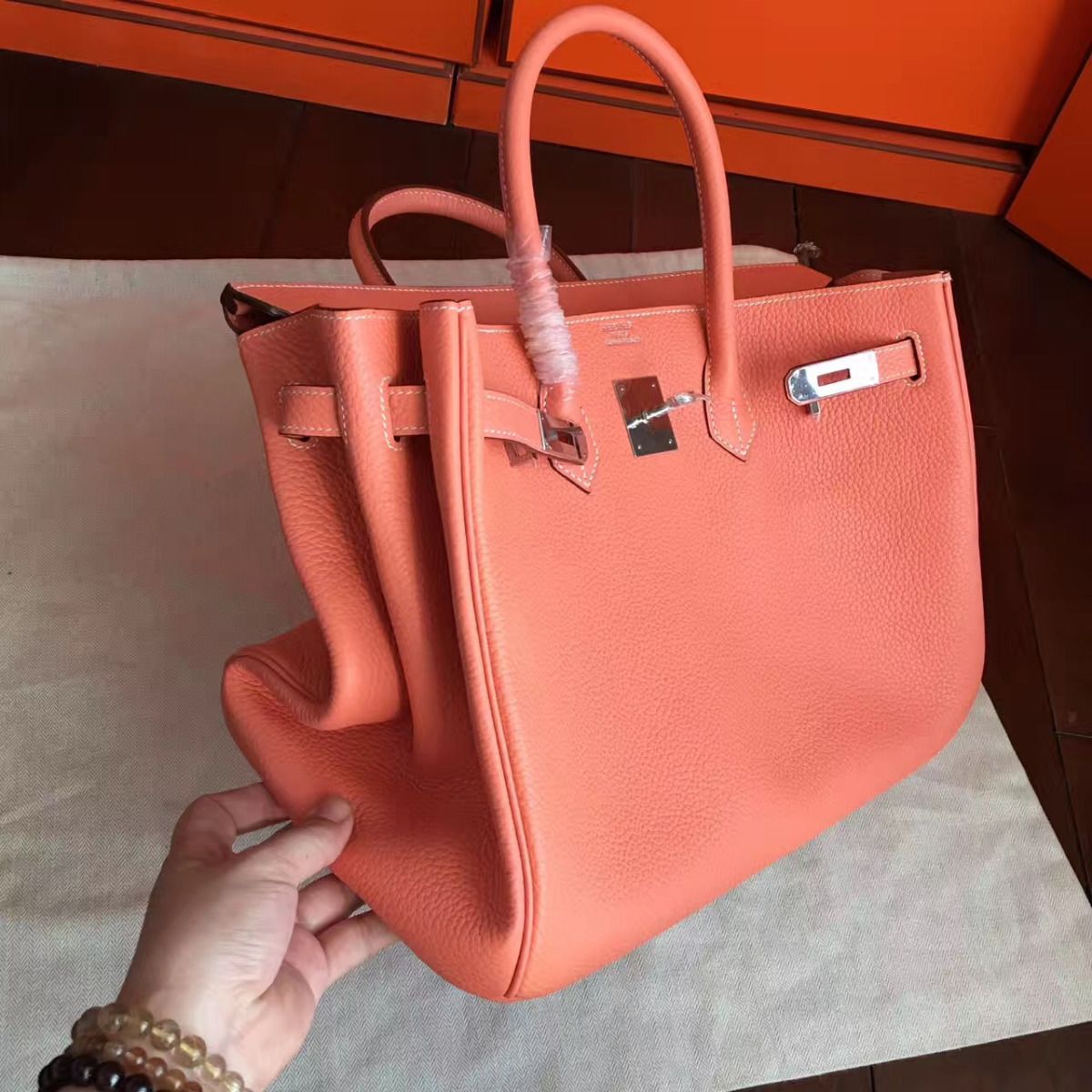 Hermes Birkin 40 Handmade Bag In Crevette Clemence Leather - Image 4