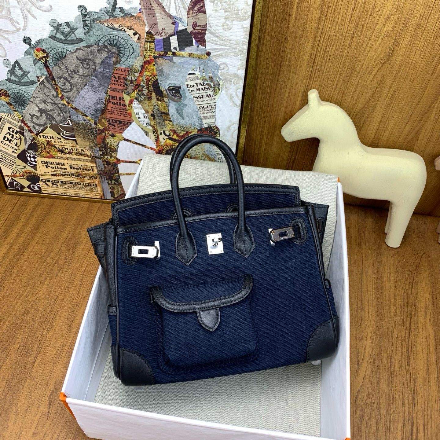 Hermes Birkin Cargo 25 Bag in Blue Toile and Black Swift Leather - Image 4