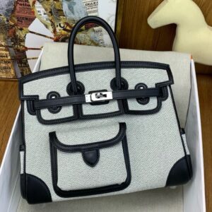 Hermes Birkin Cargo 25 Bag in Ecru Toile and Black Swift Leather
