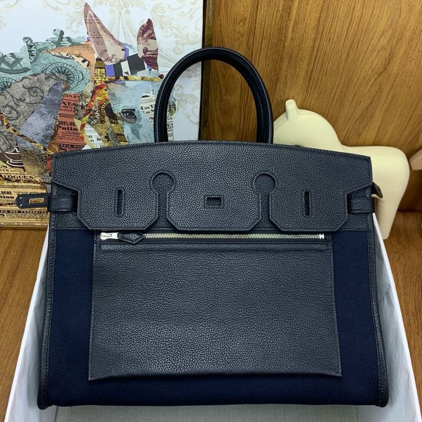 Hermes Birkin à l’envers 35 Bag in Black Clemence Leather and Canvas