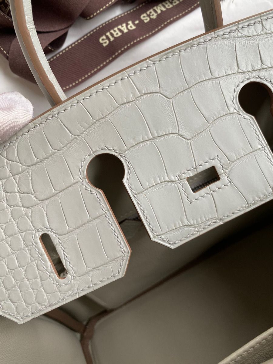 Hermes Touch Birkin 25 Bag in Pearl Grey Togo and Matte Alligator Leather - Image 10