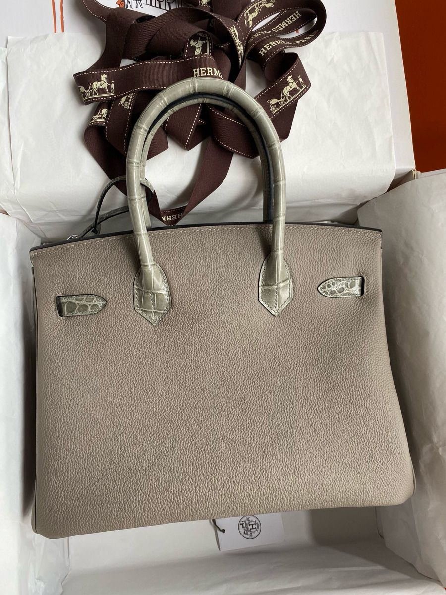 Hermes Touch Birkin 30 Bag In Gris Asphalt Clemence and Shiny Niloticus Crocodile Skin - Image 3