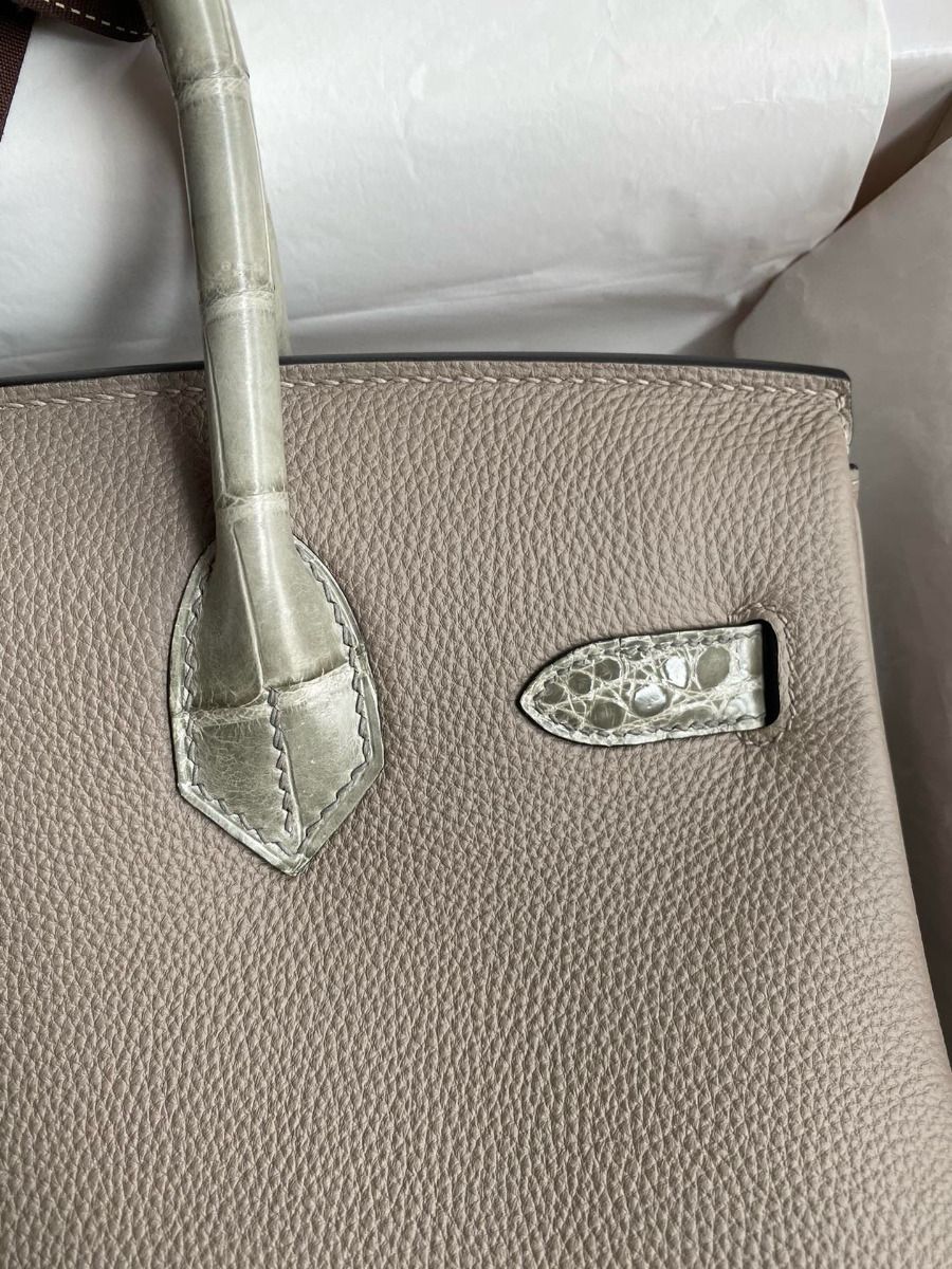 Hermes Touch Birkin 30 Bag In Gris Asphalt Clemence and Shiny Niloticus Crocodile Skin - Image 5