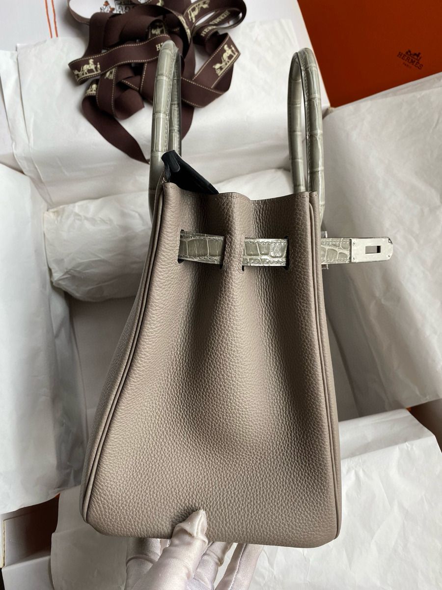 Hermes Touch Birkin 30 Bag In Gris Asphalt Clemence and Shiny Niloticus Crocodile Skin - Image 6