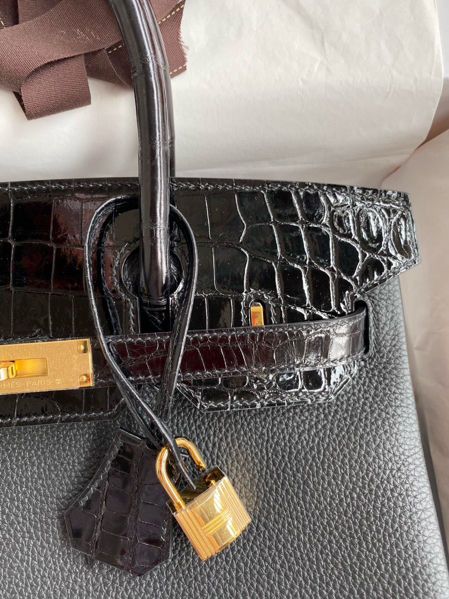 Hermes Touch Birkin 30 Bag In Black Clemence and Shiny Niloticus Crocodile Skin - Image 4