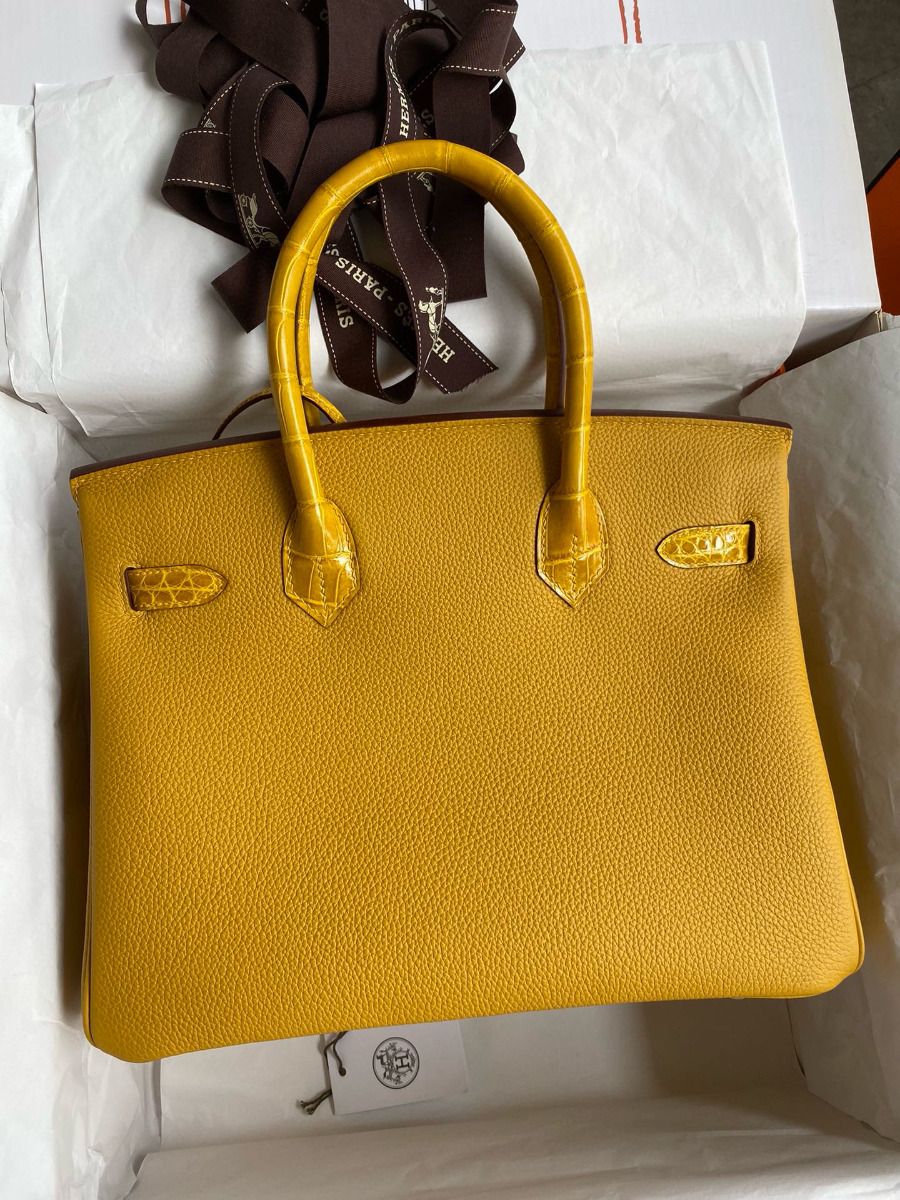 Hermes Touch Birkin 30 Bag In Yellow Clemence and Shiny Niloticus Crocodile Skin - Image 3