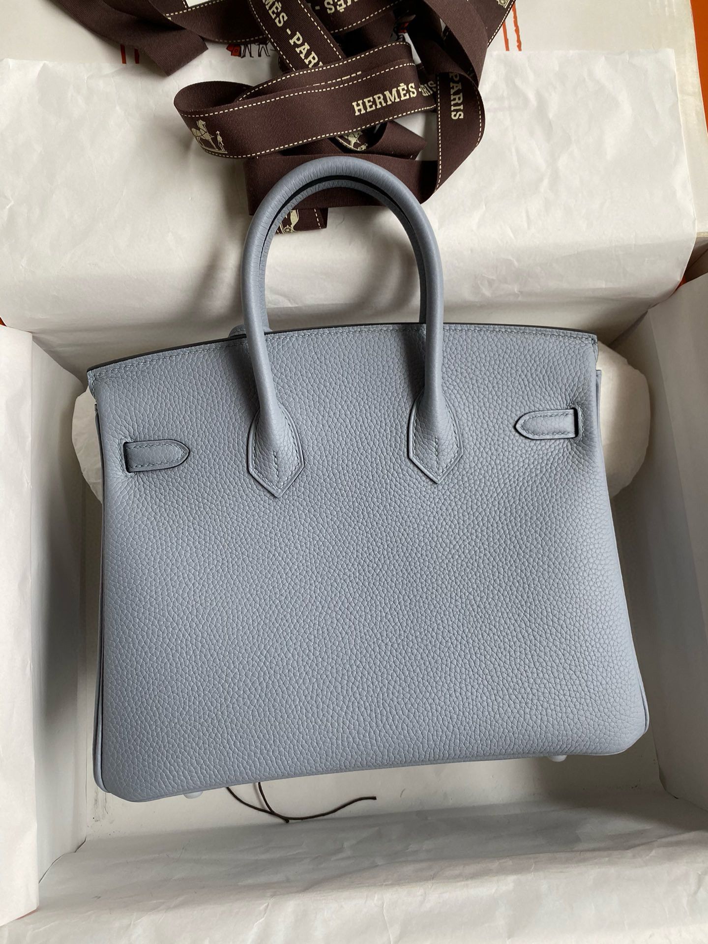 Hermes Birkin 25 Verso Retourne Handmade Bag in Blue Lin Clemence Leather - Image 3