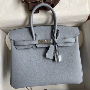 Hermes Birkin 25 Verso Retourne Handmade Bag in Blue Lin Clemence Leather