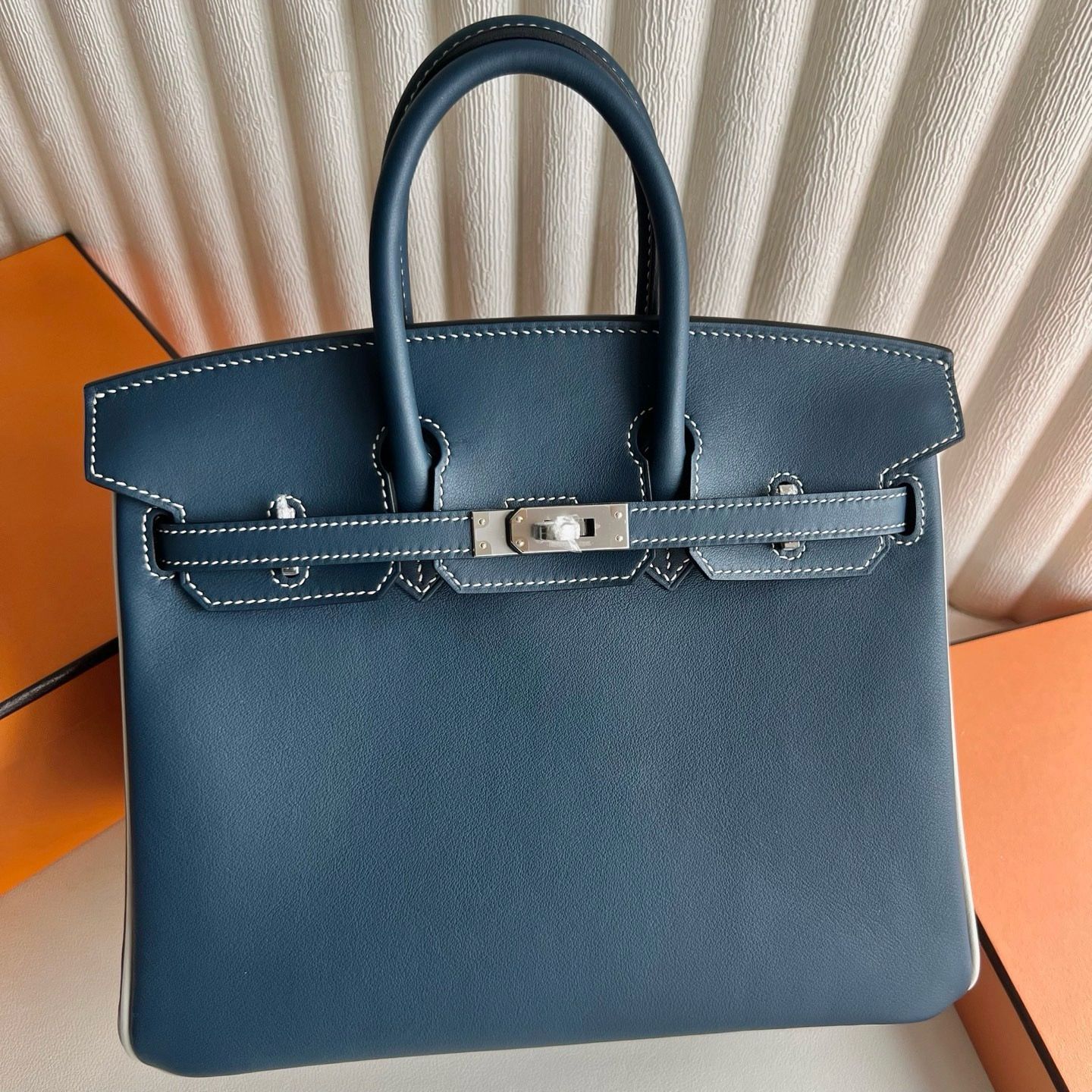 Hermes Birkin 25 Verso Retourne Handmade Bag in Blue Prusse Swift Calfskin