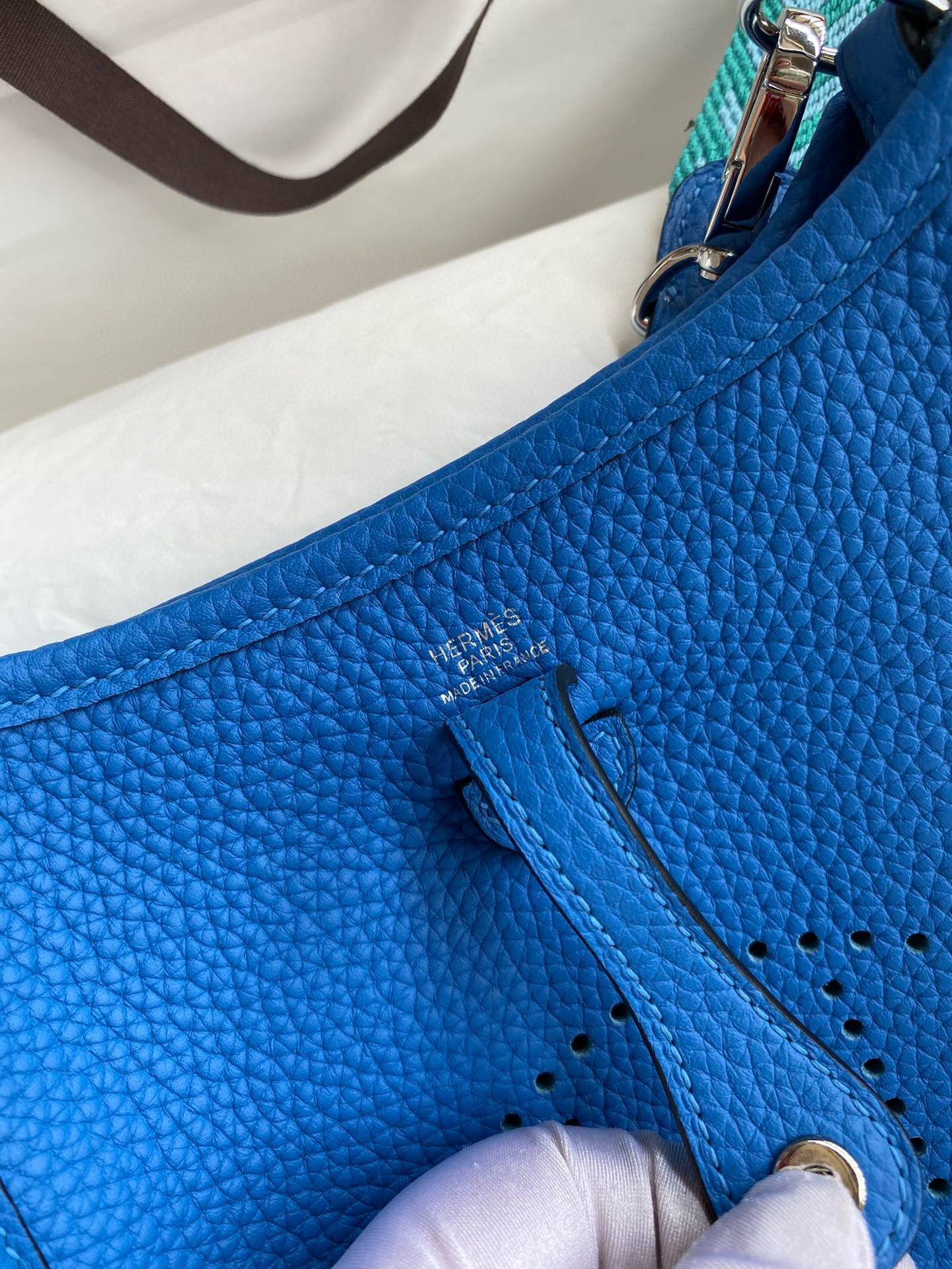 Hermes Evelyne Mini Handmade Bag in Blue Hydra Clemence Leather - Image 7
