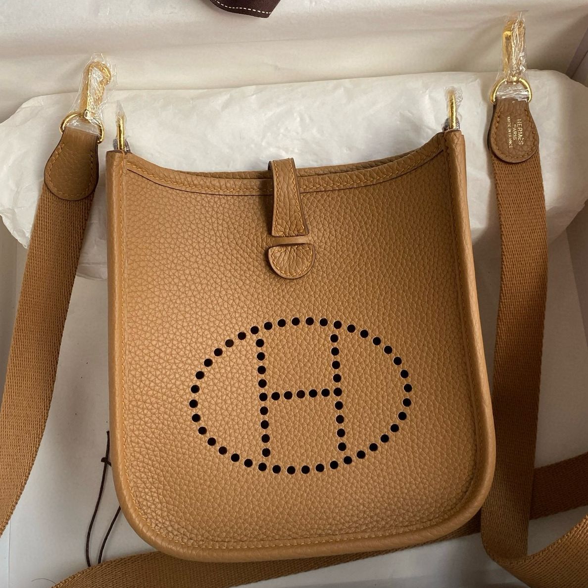Hermes Evelyne Mini Handmade Bag in Biscuit Clemence Leather