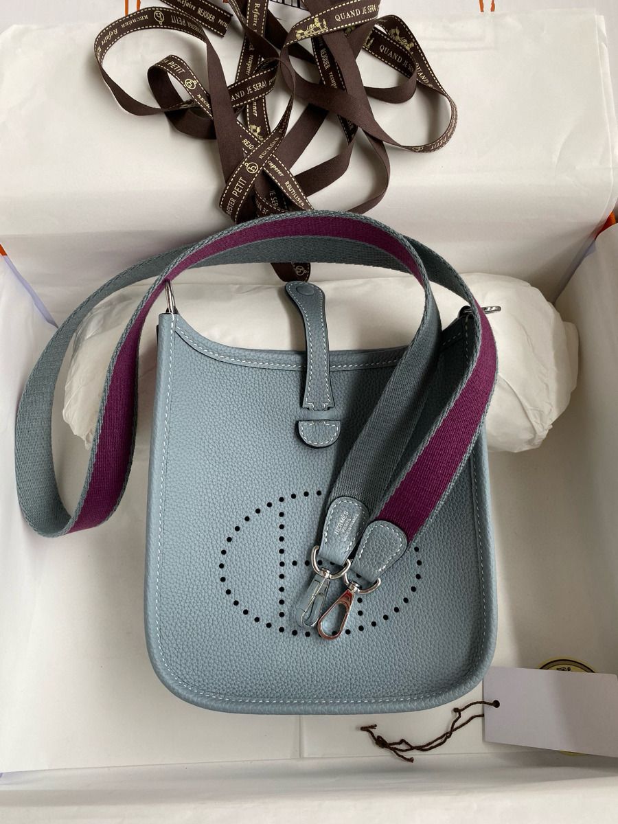 Hermes Evelyne Mini Handmade Bag in Blue Lin Clemence Leather - Image 10