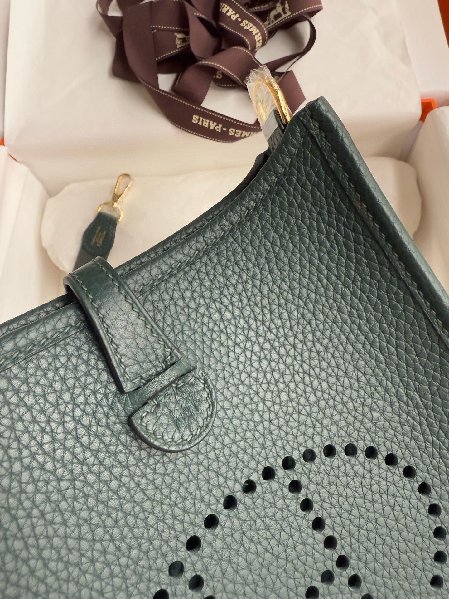 Hermes Evelyne Mini Handmade Bag in Vert Cypres Clemence Leather - Image 7