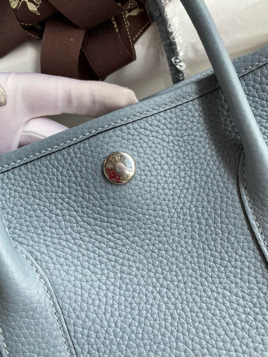 Hermes Garden Party 30 Handmade Bag in Blue Lin Clemence Leather - Image 3
