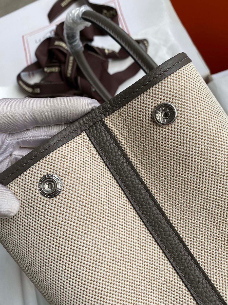 Hermes Garden Party 30 Handmade Bag in Toile and Etain Leather - Image 6