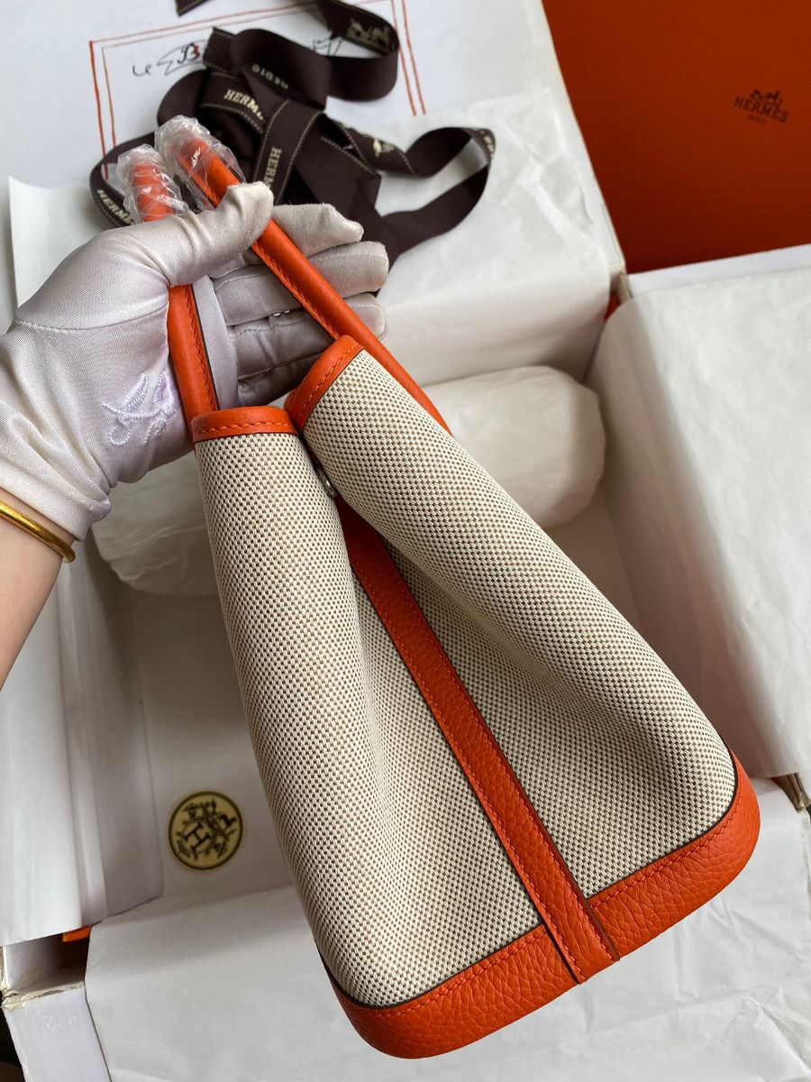 Hermes Garden Party 30 Handmade Bag in Toile and Orange Leather - Image 3