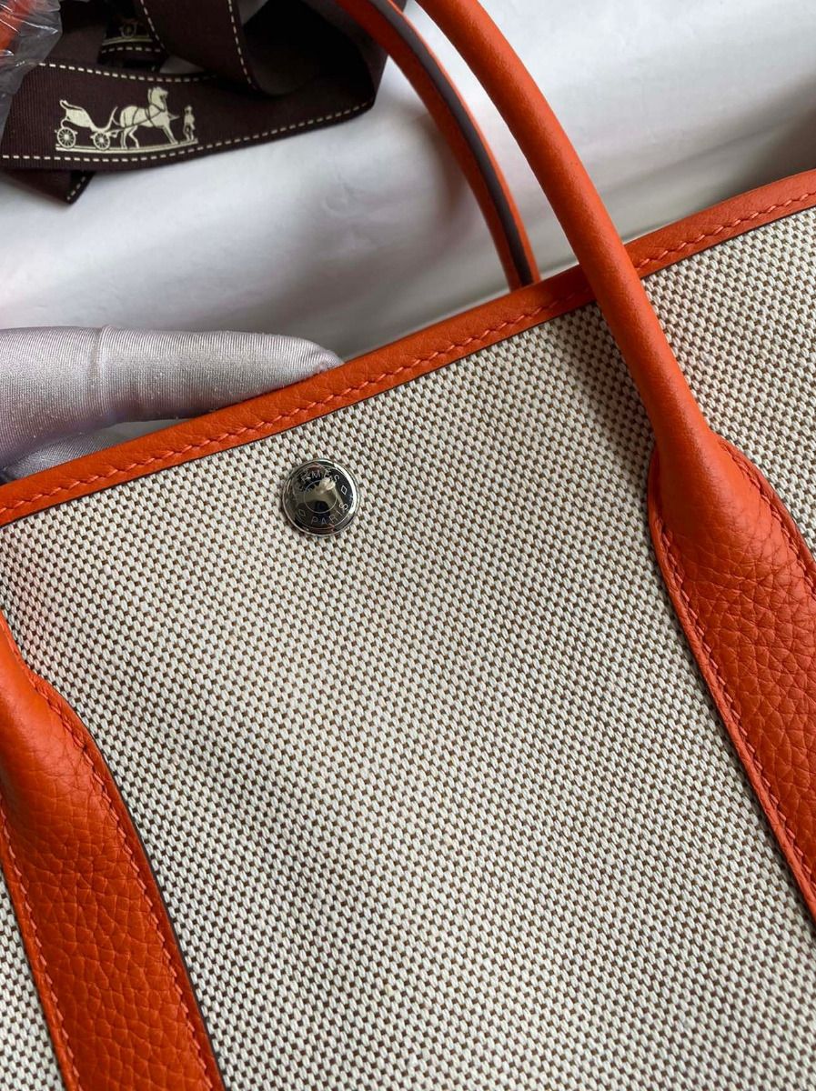 Hermes Garden Party 30 Handmade Bag in Toile and Orange Leather - Image 4