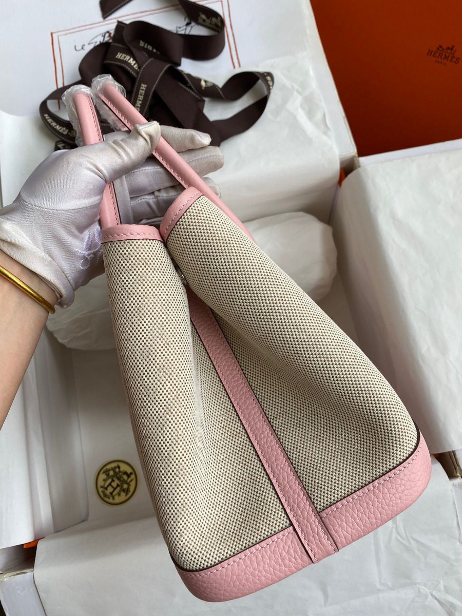 Hermes Garden Party 30 Handmade Bag in Toile and Pink Leather - Image 3
