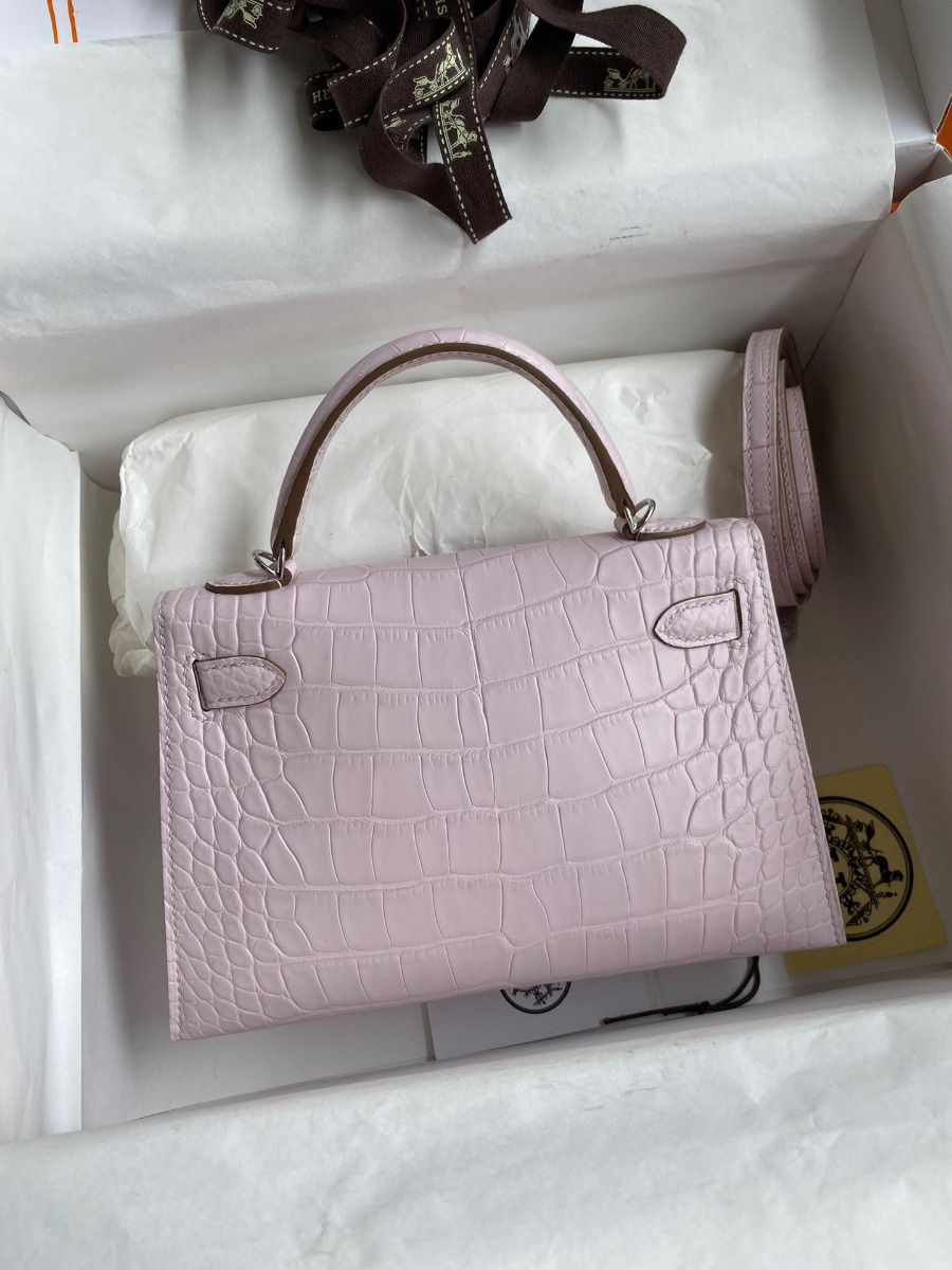 Hermes Kelly Mini II Sellier Handmade Bag In Mauve Pale Matte Alligator Leathe - Image 3