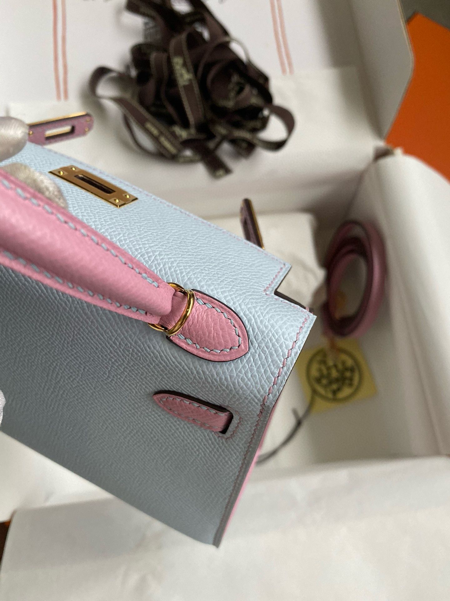 Hermes Kelly Mini II Sellier Bicolor Handmade Bag in Blue Brume and Mauve Sylvestre Epsom Calfskin - Image 8