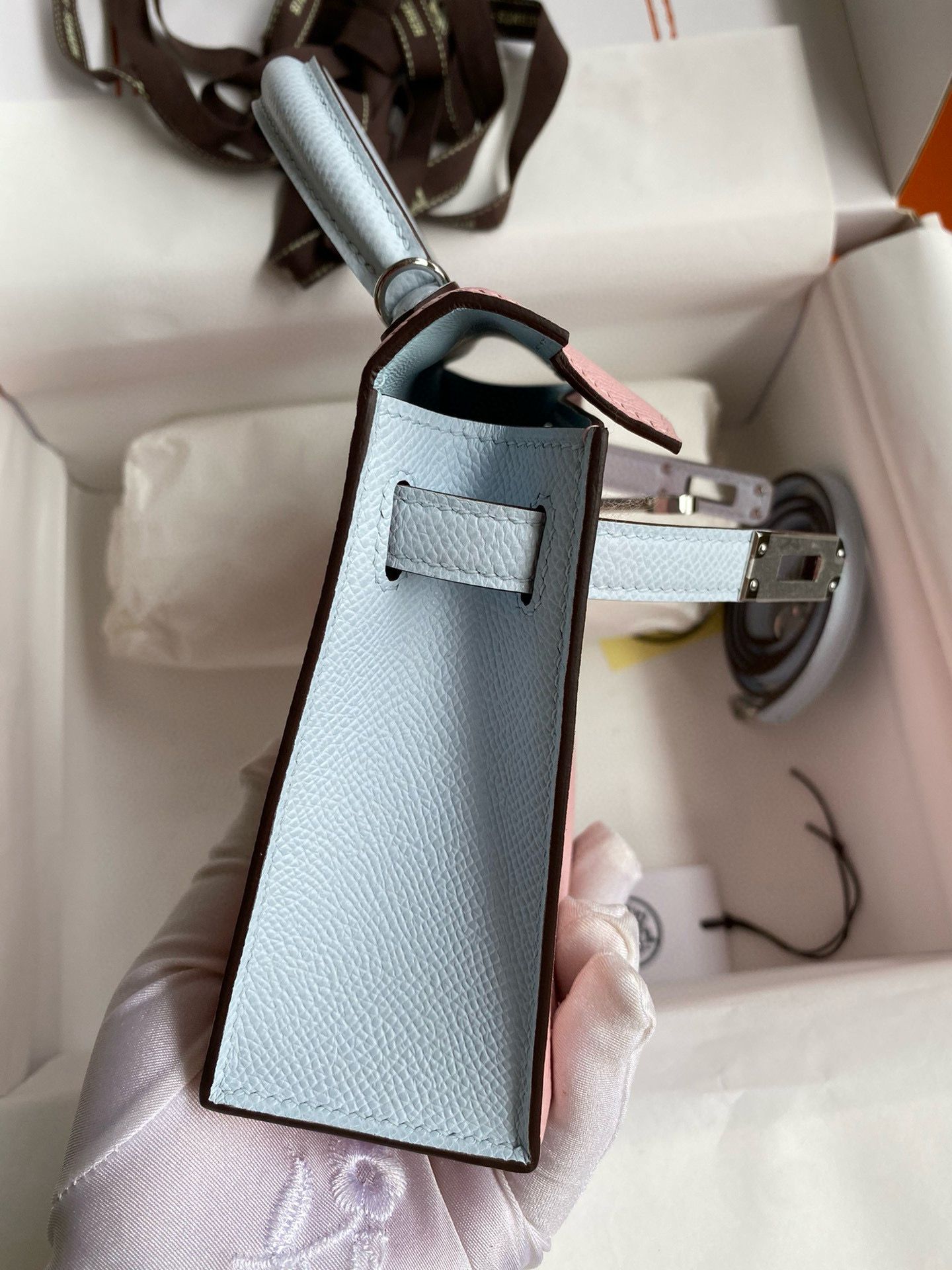 Hermes Kelly Mini II Sellier Bicolor Handmade Bag in Rose Sakura and Blue Brume Epsom Calfskin - Image 7