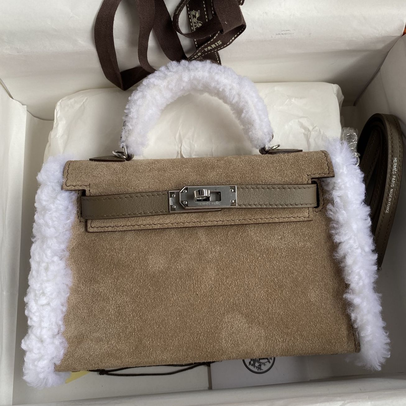 Hermes Teddy Kelly Mini II Bag in Etoupe Suede with Shearling