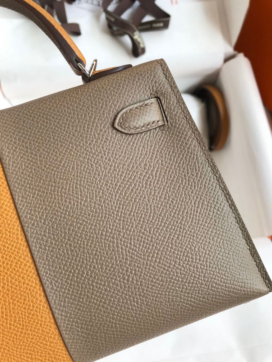 Hermes Kelly Mini II Sellier Tri-color Bag In Taupe/Sesame/Blue Nuit Epsom Calfskin - Image 6