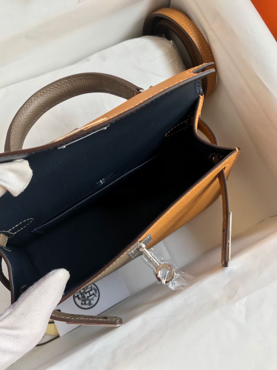 Hermes Kelly Mini II Sellier Tri-color Bag In Taupe/Sesame/Blue Nuit Epsom Calfskin - Image 8
