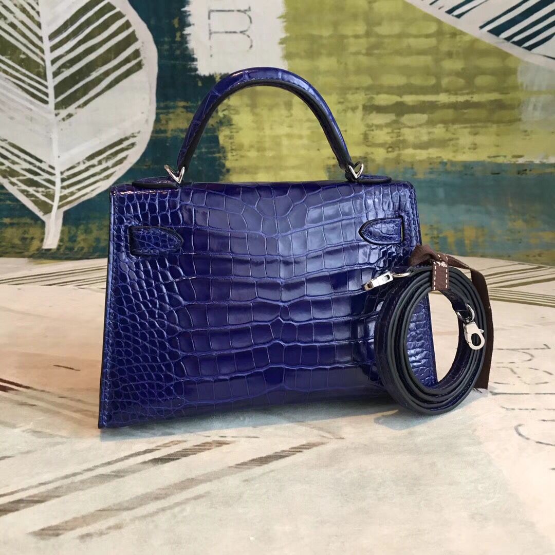 Hermes Kelly Mini II Handmade Bag In Blue Alligator Crocodile - Image 3