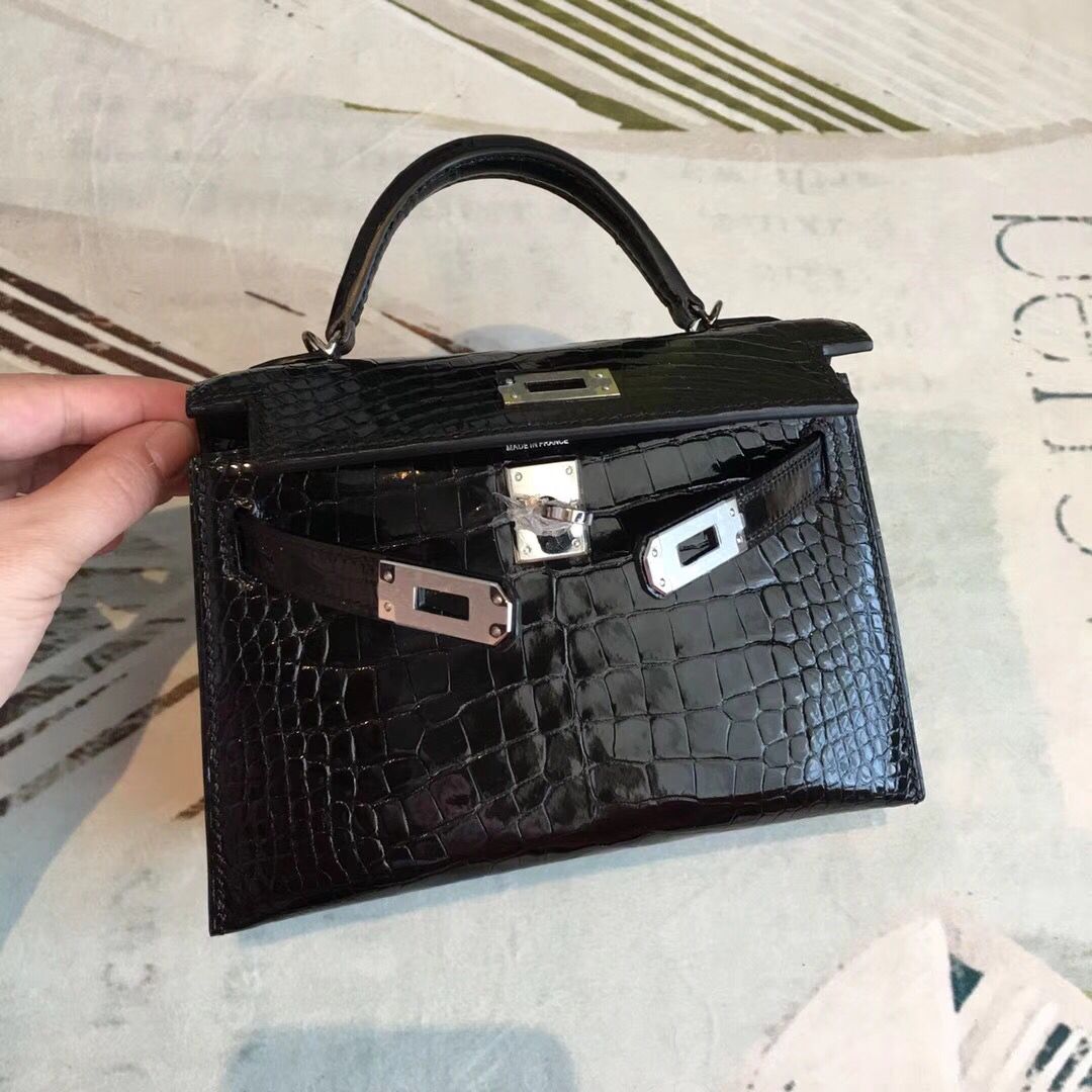 Hermes Kelly Mini II Handmade Bag In Black Alligator Crocodile - Image 6