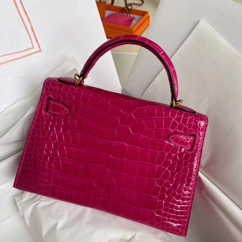 Hermes Kelly Mini II Handmade Bag In Rose Red Alligator Crocodile - Image 5
