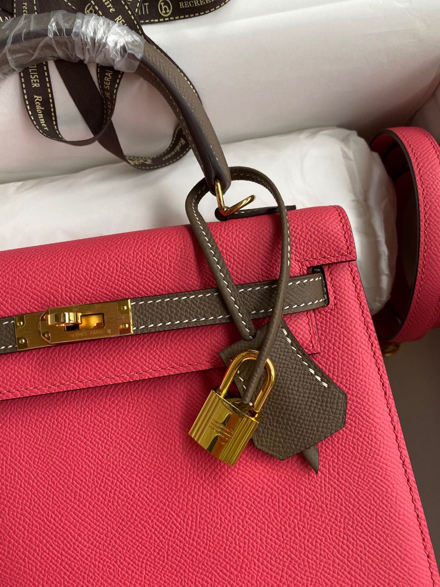 Hermes Kelly Sellier 25 Bicolor Bag in Rose Extremea nd Taupe Epsom Calfskin - Image 4