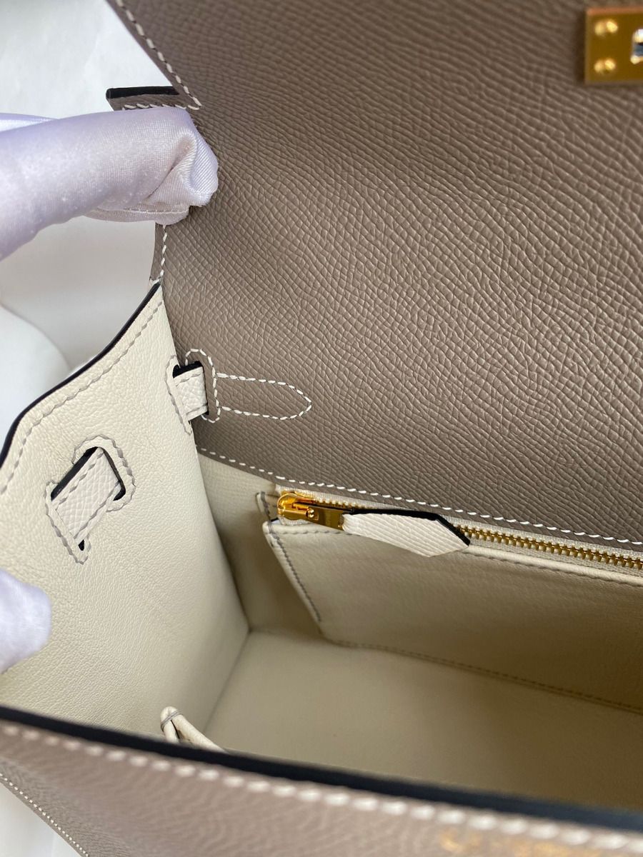 Hermes Kelly Sellier 25 Bicolor Bag in Taupe and Craie Epsom Calfskin - Image 10