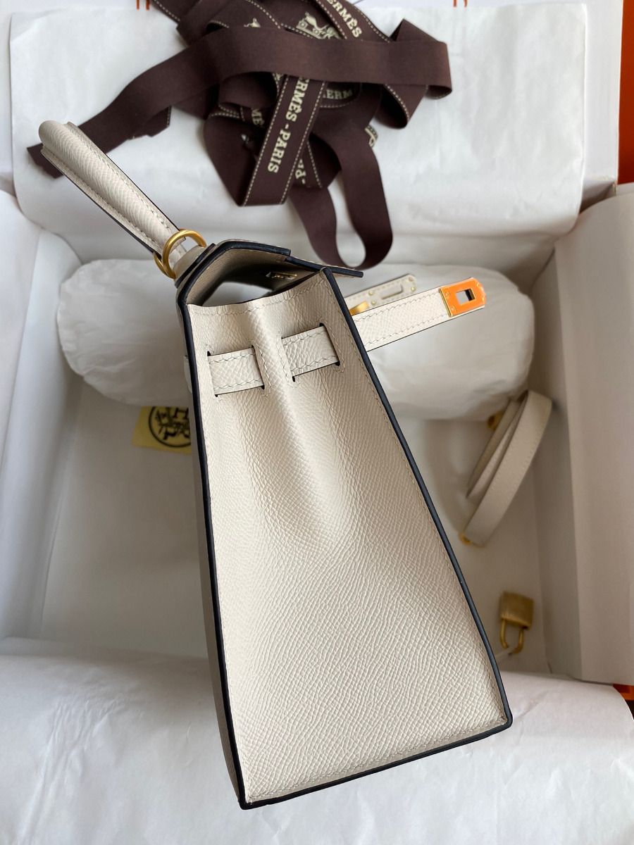 Hermes Kelly Sellier 25 Bicolor Bag in Trench and Craie Epsom Calfskin - Image 6
