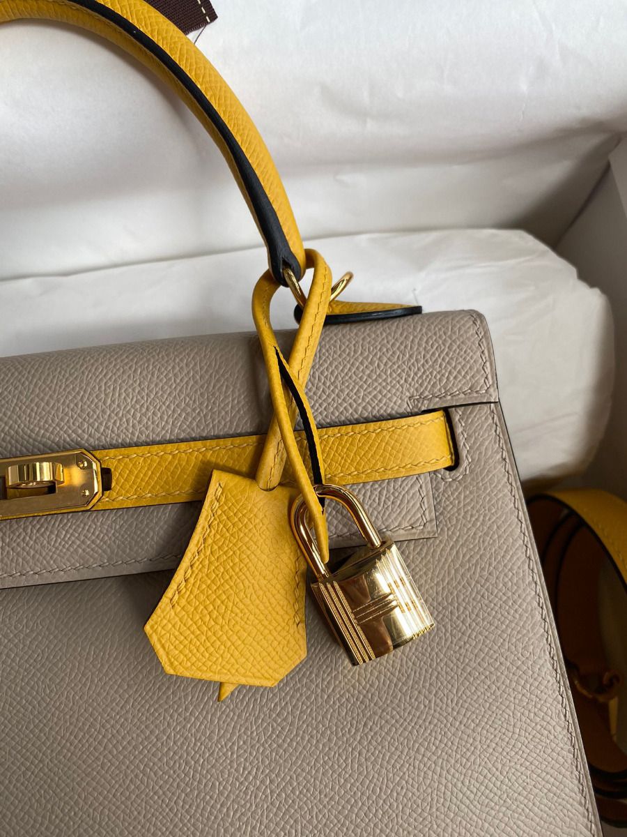 Hermes Kelly Sellier 25 Bicolor Bag in Trench and Yellow Epsom Calfskin - Image 4