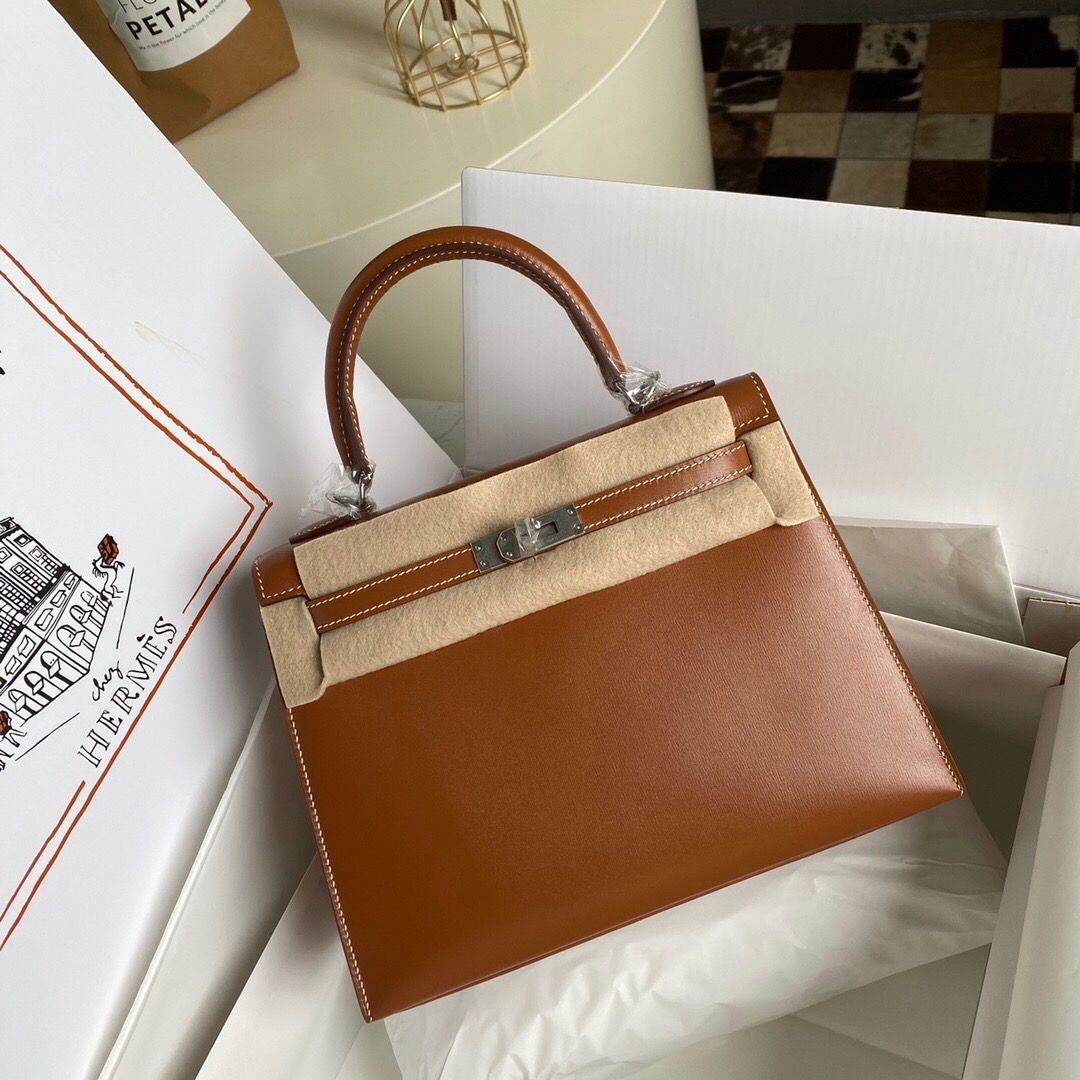 Hermes Kelly Sellier 25 Handmade Bag in Caramel Box Calfskin - Image 3